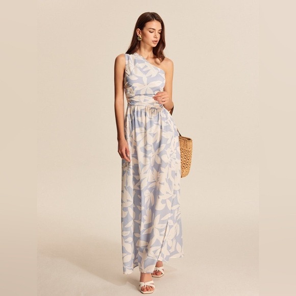 Commense Dresses & Skirts - Commense  Blue and‎ Cream One-Shoulder Dress with ruching on the side XS